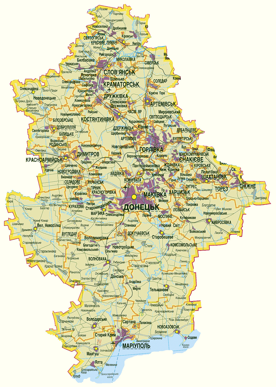 Карта Донецкой области. Границы области, границы районов на карте