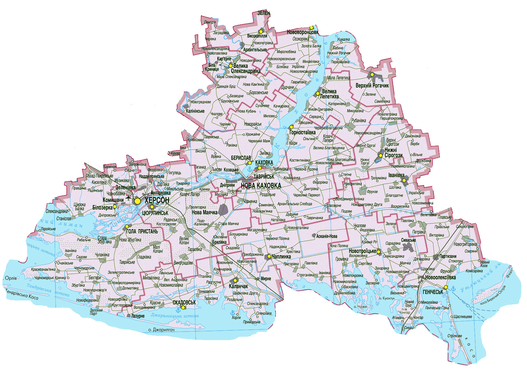 Карта Херсонской области. Границы области, границы районов на карте .