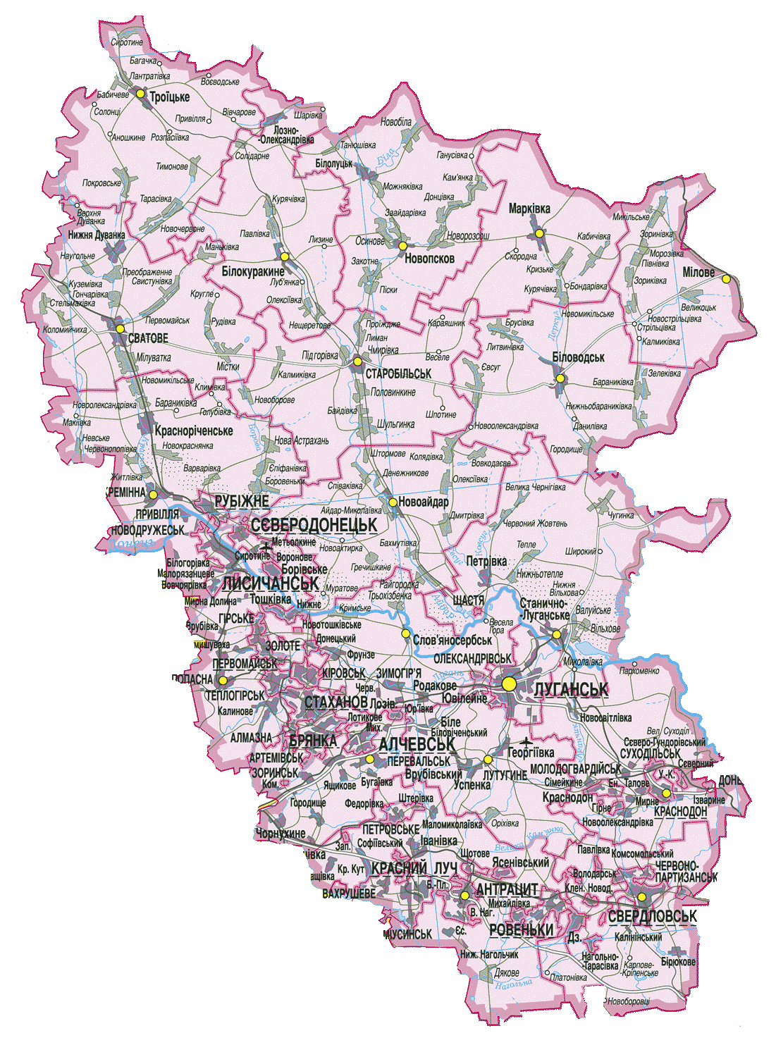 Карта Луганской области. Границы области, границы районов на карте
