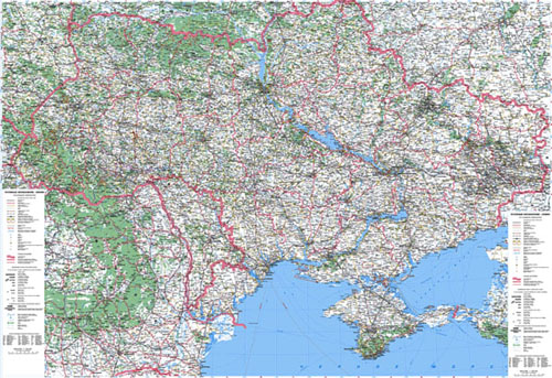 Большая настенная карта Украины. Все населенные пункты Украины, все дороги на карте, границы Украины.