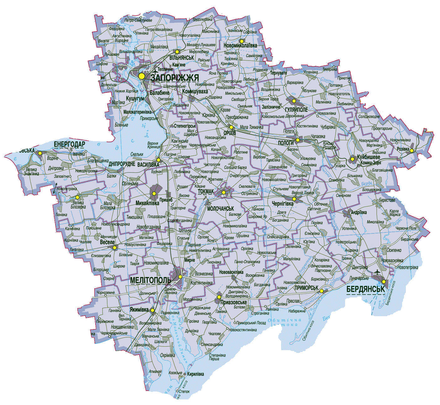 Карта Запорожской области. Границы области, границы районов на карте
